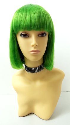 Bright Green Short Bob Wig Straight w/ Bangs. Page Boy Wig. [08-45-PageBoy-LGreen] by ParamountWigs on Etsy Boy Wig, Straight Bob Wig, Bob Wig With Bangs, Short Straight Bob, Wig Straight, Straight Bangs, Straight Bob, Short Bob Wigs, Bob Wig