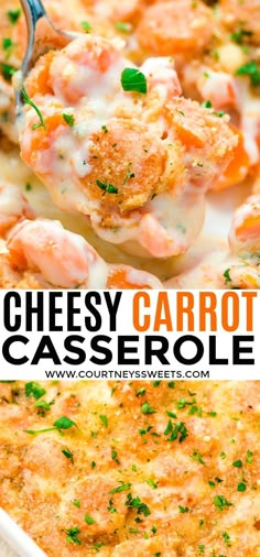 cheesy carrot casserole in a white dish with a serving spoon