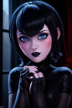 an animated woman with black hair and blue eyes, in a black dress holding her hand to her chest