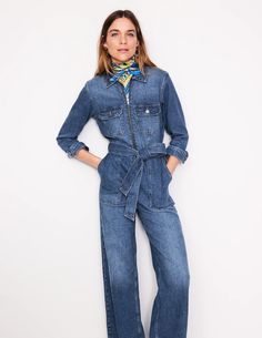 Denim Utility Jumpsuit - Mid Vintage | Boden US Denim Utility Jumpsuit, Utility Jumpsuit, Tunic Leggings, Blouse Pants, Dream On, Back Women, Cardigan Top, Wide Legs, Komplette Outfits