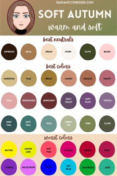 Fall Color Season, Soft Autumn Seasonal Color Palette, Kibbe Color Season, Muted Soft Autumn Color Palette, Different Autumn Color Palettes, Soft Autumn Colors To Avoid, Soft Autumn Color Pallete, Tinted Autumn Color Palette, Radiantly Dressed Autumn