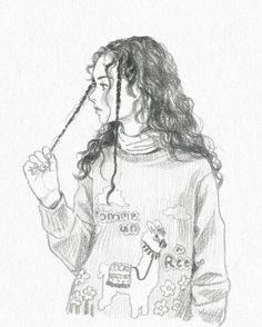 a pencil drawing of a girl with long hair holding an umbrella and looking at the sky