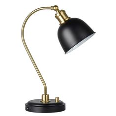 a black and gold desk lamp on a white background with the light turned off to show it's dim lighting