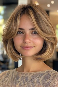 Layered Bob Haircut, Classic Blonde Bob with Curtain Bangs Short Bob Haircuts With Curtain Bangs, Short Hair With Side Part And Bangs, Short Blonde Haircuts Curtain Bangs, Thick Layered Bob, Mid Length Layers With Bangs, Shoulder Bob With Curtain Bangs, Bob Hair Curtain Bangs, Curtain Bangs Bob Haircuts, Bob With Volume At Crown