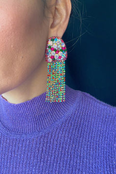 Discover the most stunning and sophisticated statement jewelry. One of a kind beaded crystal tassel earrings hand embroidered with semi precious stones. Long Crystal Chandelier Earrings Bohemian Multicolor Crystal Earrings For Party, Multicolor Chandelier Drop Earrings For Party, Glamorous Multicolor Dangle Crystal Earrings, Multicolor Drop Chandelier Earrings For Celebration, Multicolor Tassel Earrings For Party, Glamorous Multicolor Dangle Earrings, Elegant Multicolor Tassel Earrings For Party, Handmade Multicolor Crystal Earrings For Party, Multicolor Dangle Chandelier Earrings For Celebration