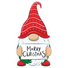 a christmas gnome holding a sign with merry christmas written on it's face and wearing a red hat