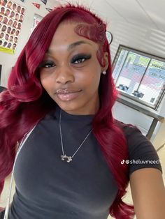 Wig Hairstyles Burgundy, Red Hair Wig Black Women, Red Half Up Half Down Wig, Dark Red Quick Weave, Black Women Hairstyles Wigs, Burgundy Deep Wave Wig Hairstyles, Baddie Wigs, Flipped Ends Hair Black Women, Burgundy Red Wig Black Women