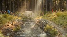 an artist's rendering of a stream in the woods with people standing on either side