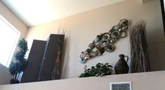 there is a clock on the wall next to some plants and vases in front of it