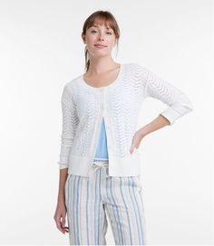 Spring Cotton Sweater With Pointelle Knit, Daywear Sweater In Pointelle Knit, Pointelle Knit Sweater For Daywear, Daywear Pointelle Knit Sweater, Daywear Cardigan In Pointelle Knit, White Pointelle Knit Cardigan For Daywear, Daywear Pointelle Knit Cardigan, Spring Pointelle Knit Cardigan For Day Out, Summer Pointelle Knit Cardigan