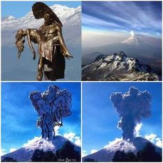 four different pictures with the same image in each one, including an angel and volcano