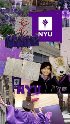 the collage shows images of people and buildings with purple letters on them that read nyu