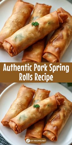 two plates filled with spring rolls on top of each other and the words authentic pork spring rolls recipe