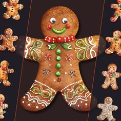 an assortment of decorated gingers and cookies on a black background with the same image