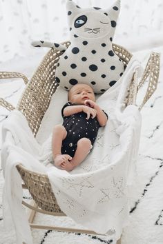 a baby laying in a basket with a stuffed cat on it's back,