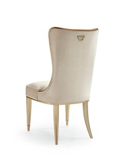 a beige upholstered chair with wooden legs and an oval backrest, on a white background