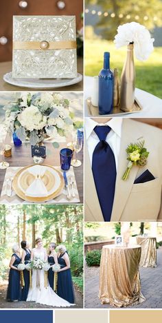 a collage of photos with blue, gold and white wedding colors in different shades