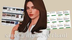 a woman with long brown hair is holding up some papers that say sims 3 mod overhead