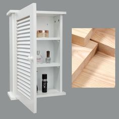 a white shelf unit with shutters on the top and bottom, next to an image of wooden shelves