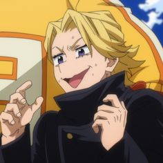 an anime character with blonde hair pointing to the side and wearing a black coat over his shoulders