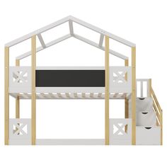 a white bunk bed with stairs and a black mattress on the bottom level, against a white background