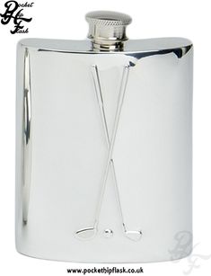 a stainless steel flask with two golf tees on the front and one in the back