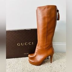 Gucci | Shoes | Authentic Cognac Brown Genuine Leather Round Toe Platform Knee Boots Size 39 | Poshmark Gucci Dionysus Black, Platform Knee Boots, Womens Tall Boots, Knee High Boots Flat, Brown Boots Women, Gucci Boots, Knee High Heels, High Heel Boots Knee, Chestnut Brown