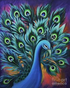 a painting of a peacock with its feathers spread out