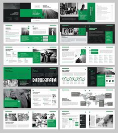 the green and black powerpoint presentation is displayed on top of each other, with different sections