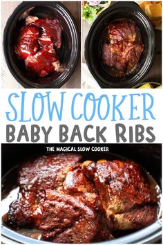 slow cooker baby back ribs in the crock pot with text overlay that says slow cooker baby back ribs