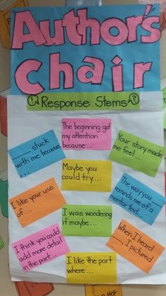 the author's chair poster is posted on a bulletin board with sticky notes attached to it