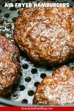 hamburgers cooking in a frying pan with the words air - fryer hamburgers