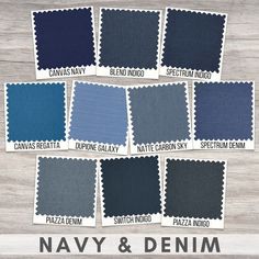 navy and denim swatches with the words navy and denim written on them in different colors