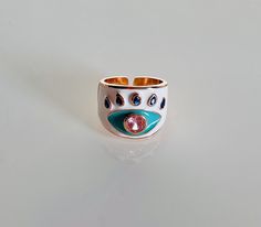 Evil Eye Ring Handmade White Enamel Ring, Unique Blue Enamel Ring, White Enamel Bohemian Jewelry, White Bohemian Enamel Jewelry, Turquoise Enamel Rings For Gift, Turquoise Enamel Rings Ideal For Gifts, Turquoise Enamel Rings As A Gift, Turquoise Enamel Rings For Gifts, Turquoise Enamel Ring