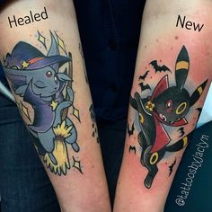 two people with matching tattoos on their arms, one has a cat and the other has a witch