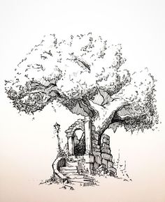 an ink drawing of a tree and stairs