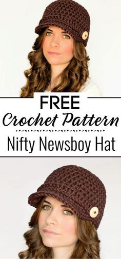 a woman wearing a crochet newsboy hat with the text free crochet pattern