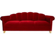 a red couch sitting on top of a white floor