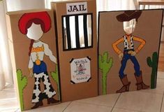 two cardboard boxes with pictures of people in cowboy outfits on them and the words jail