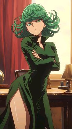 a woman with green hair sitting at a desk in front of a lamp and red curtains