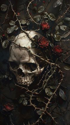 a painting of a skull surrounded by vines and roses on a dark background with leaves