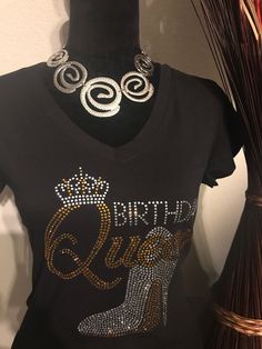 Birthday Queen Bling T-shirt.   T-shirt is available in both unisex and fitted sizes.  The fitted t-shirts run very small and maybe a size smaller than what you would normally wear. Please note this shirt has a cap sleeve.  The unisex shirts are preshrunk boxy shirt with a full sleeve. Please contact me for any questions prior to ordering. IMPORTANT: Due to items being made to order, all sales are final. Please reach out to us if you have questions about colors, sizes, or designs prior to placing your order. We respond within 24 hours of receiving your message, so please contact us with all questions or concerns to ensure you are ordering exactly what you want. Your satisfaction is very important to us! Party T-shirt With Text Print, Party T-shirt With Text Print And Short Sleeves, Birthday Fitted T-shirt With Letter Print, Fitted Letter Print T-shirt For Birthday, Fitted Black T-shirt As Gift, Graphic Tee For Party, Fitted Short Sleeve Tops For Birthday, Pre-shrunk Short Sleeve T-shirt For Parties, Fitted Cotton T-shirt For Birthday