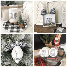 four different pictures with christmas decorations and signs on the top one is decorated in black and white