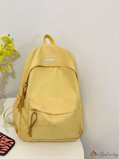 Bird in Bag - Womens Solid-Colored Large Capacity Backpack for School Casual Yellow Backpack For Students, Trendy Yellow Student Backpack, Solid Color Student Bags For Back To School, Solid Color Backpack Shoulder Bag For School, Solid Color Backpack For Students, Trendy Back To School Bag, Yellow Shoulder Backpack For School, Yellow Student Backpack With Adjustable Strap, Yellow Student Bag With Adjustable Strap