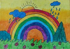 a drawing of a rainbow with trees and clouds