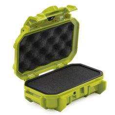 an open green case with black foam inside on a white surface, showing the lid