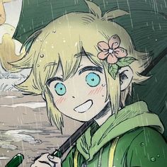 an anime character with blue eyes and blonde hair holding an umbrella in the rain,