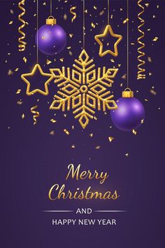 merry christmas and happy new year card with gold snowflakes, stars and baubs