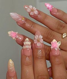 Seashell Nails, 3d Flower Nails, Mermaid Nails, Glamorous Nails, Popular Nails, Birthday Nails, Pretty Acrylic Nails, Floral Nails