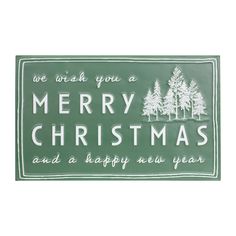 merry christmas and a happy new year sign with pine trees on the front, green background